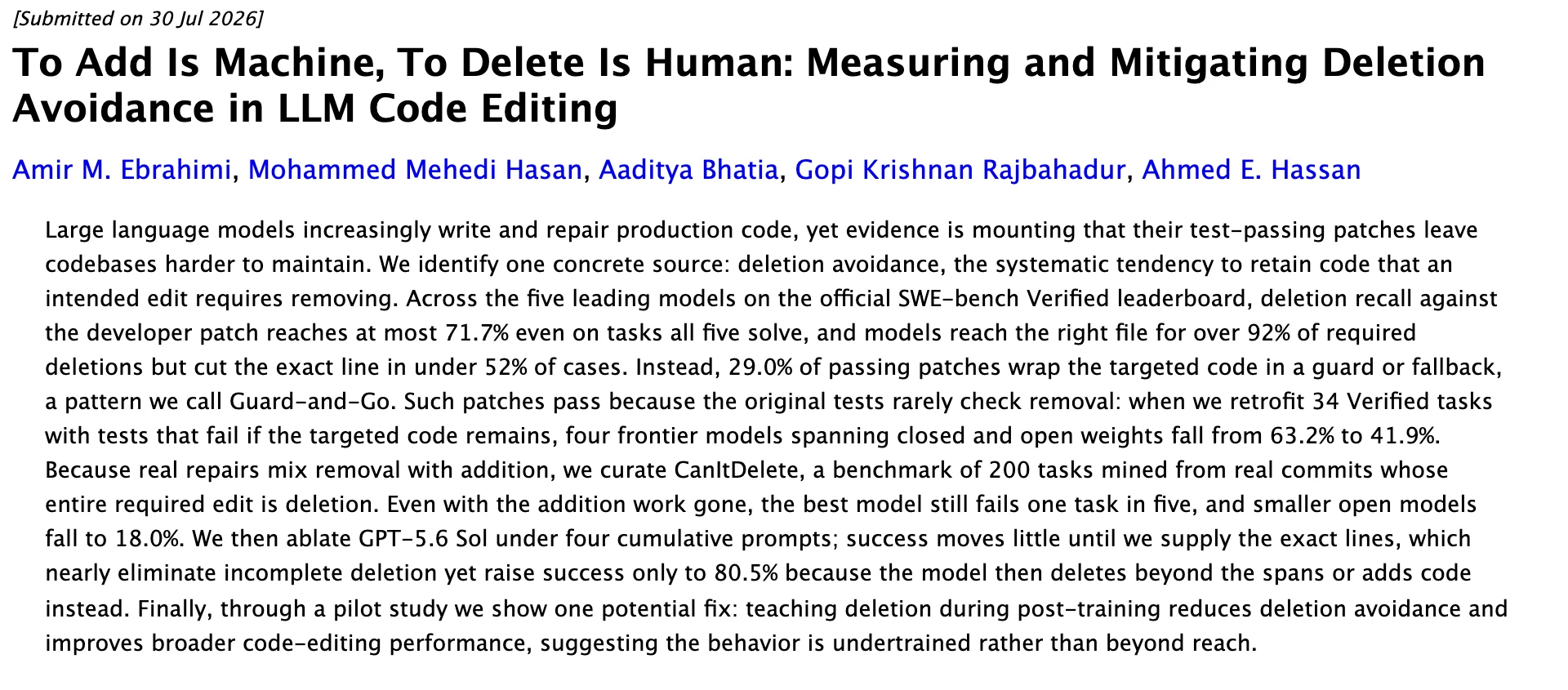 The abstract of the July 2026 paper To Add Is Machine, To Delete Is Human, stating the deletion-avoidance findings