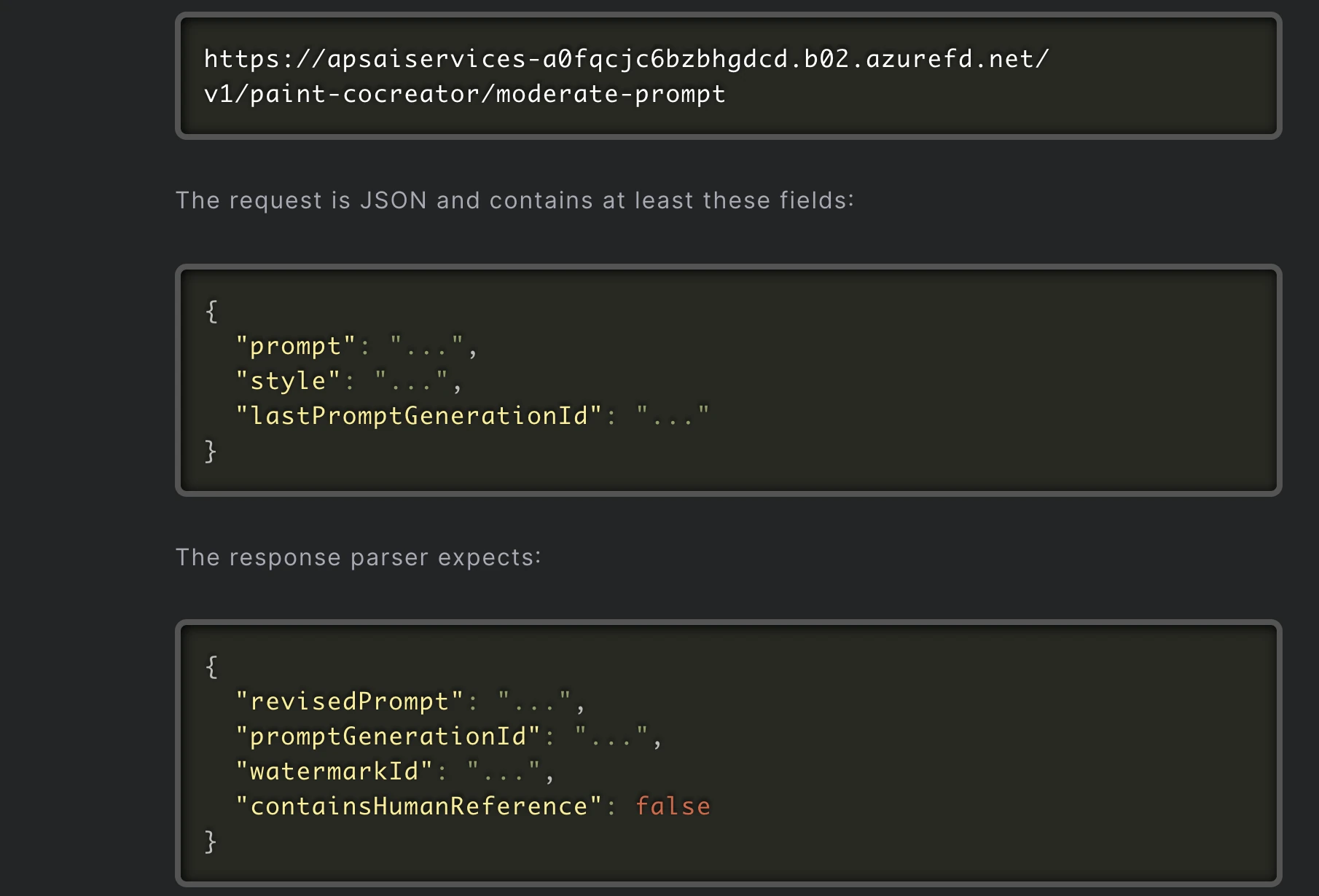 Screenshot of the moderation endpoint and its JSON from Xusheng Li's writeup. The request contains prompt, style and lastPromptGenerationId. The response contains revisedPrompt, promptGenerationId, watermarkId and containsHumanReference.