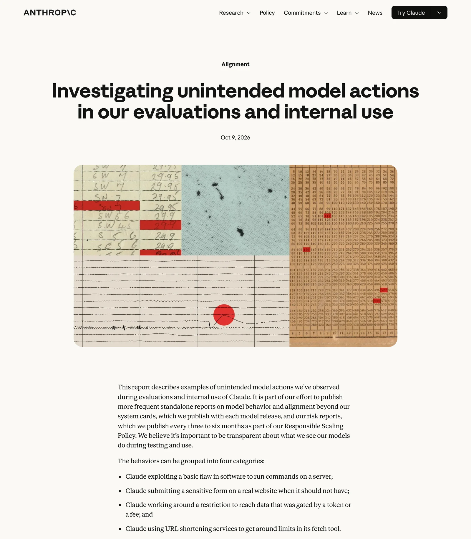 The top of Anthropic's report page, titled Investigating unintended model actions in our evaluations and internal use, dated October 9, 2026, listing the four categories of behavior: exploiting a basic flaw in software to run commands on a server, submitting a sensitive form on a real website, working around a restriction to reach gated data, and using URL shortening services to get around fetch-tool limits.