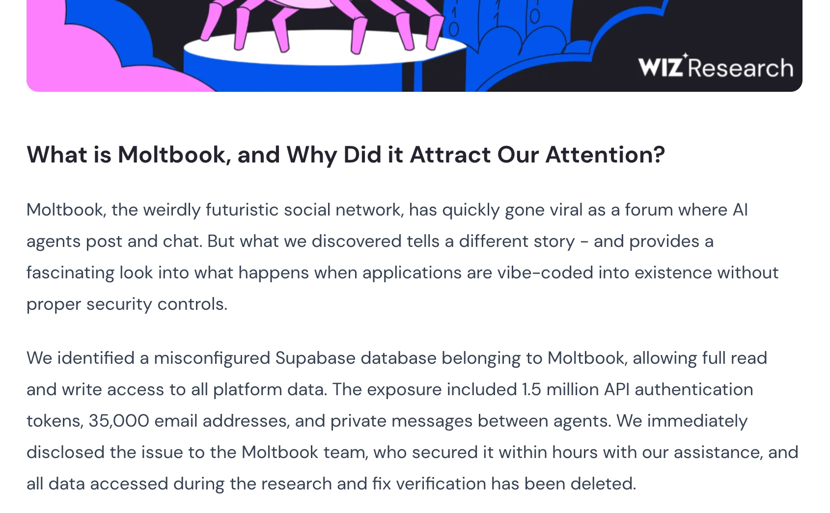 Excerpt from the Wiz Research disclosure describing the misconfigured Moltbook Supabase database: full read and write access to all platform data, 1.5 million API authentication tokens, 35,000 email addresses, and private messages between agents