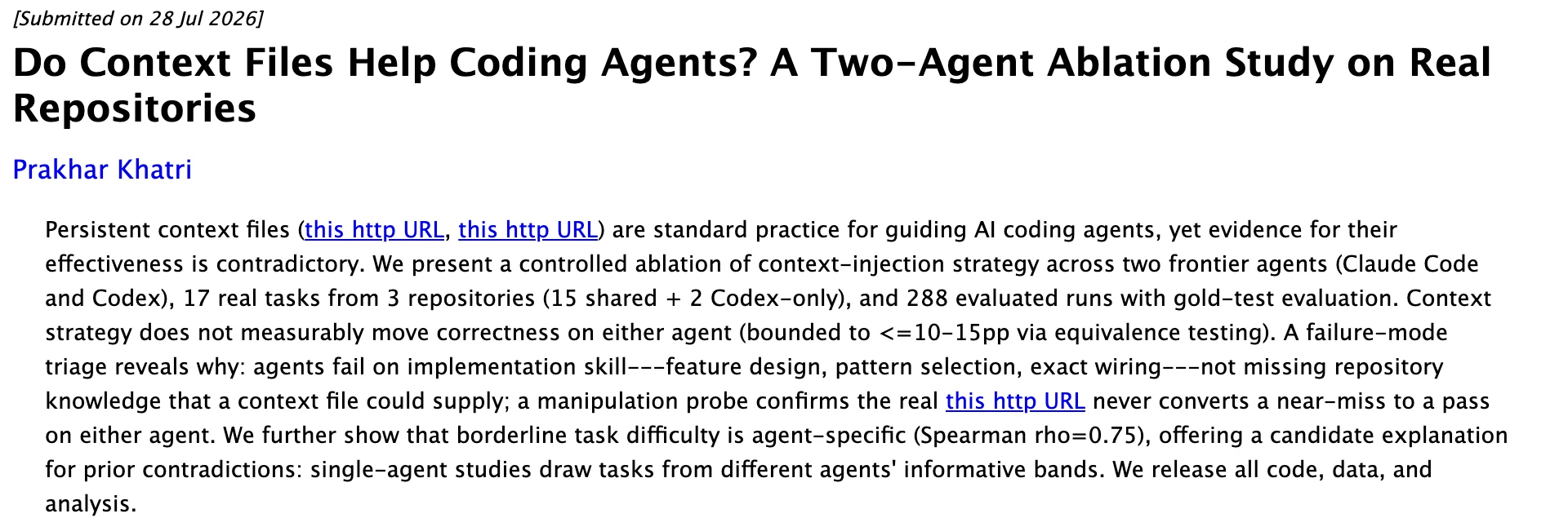 The findings text of the July 2026 arXiv paper on context files and coding agents