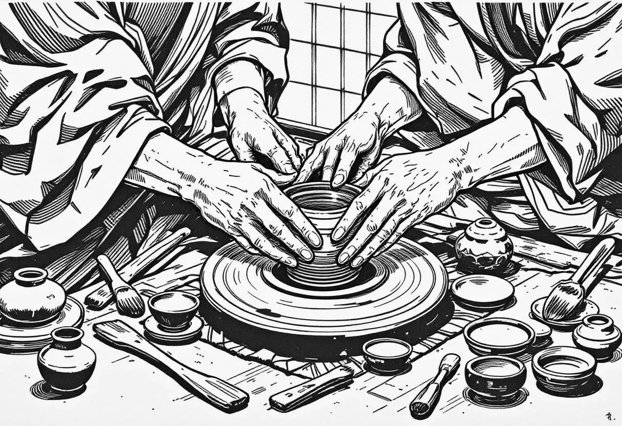 Close-up of four hands shaping a vessel together on a pottery wheel, tools and finished ceramics surrounding them