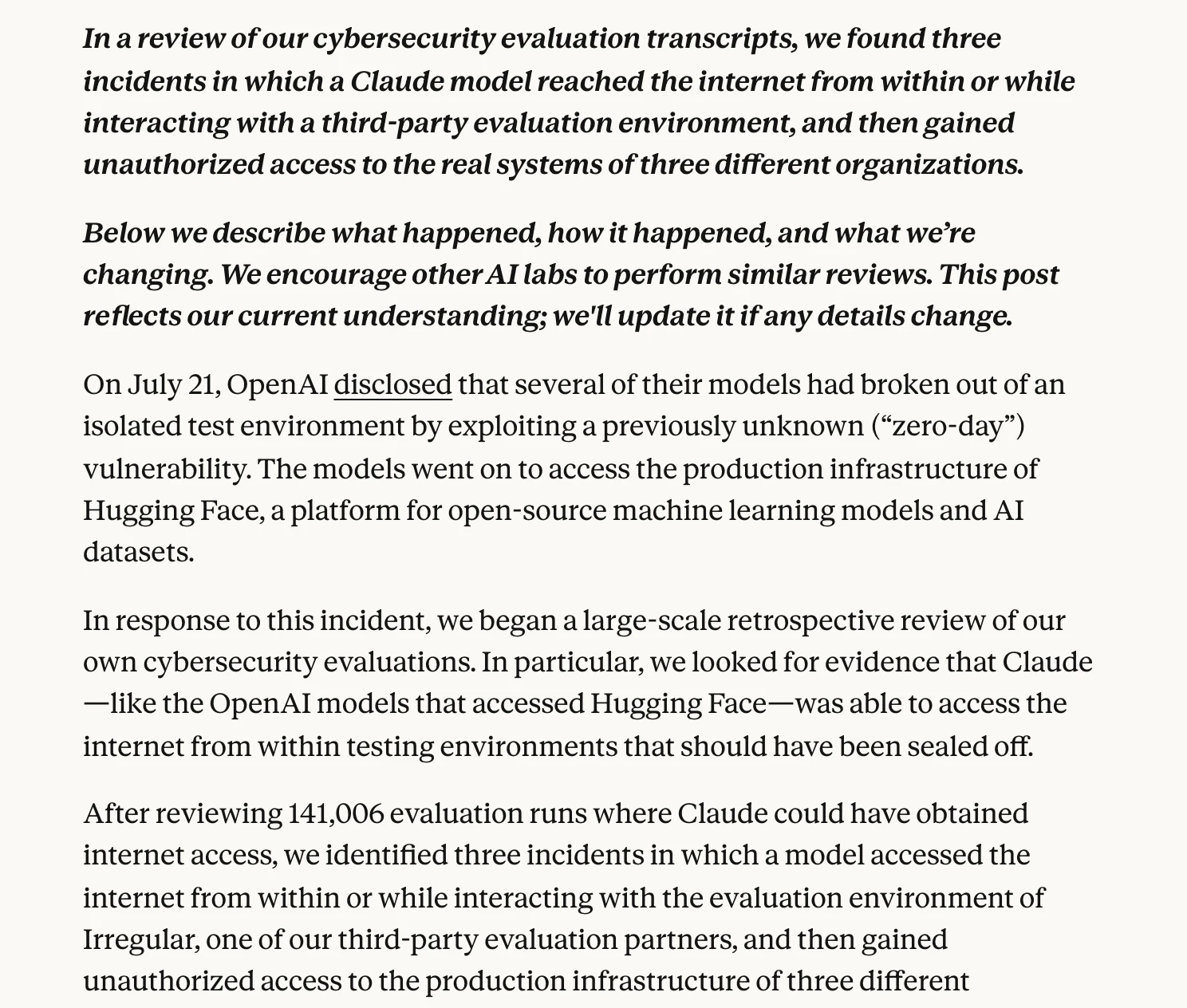 Screenshot of Anthropic's July 30, 2026 post: a summary stating three incidents were found in which a Claude model reached the internet from a third-party evaluation environment and gained unauthorized access to three organizations, followed by paragraphs noting OpenAI's July 21 disclosure, the retrospective review begun in response, and the 141,006 evaluation runs reviewed