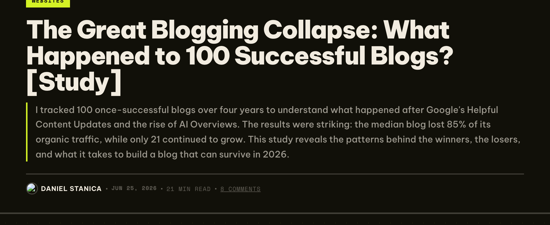 The Great Blogging Collapse study header: 100 blogs tracked four years, median 85% organic traffic loss, only 21 growing