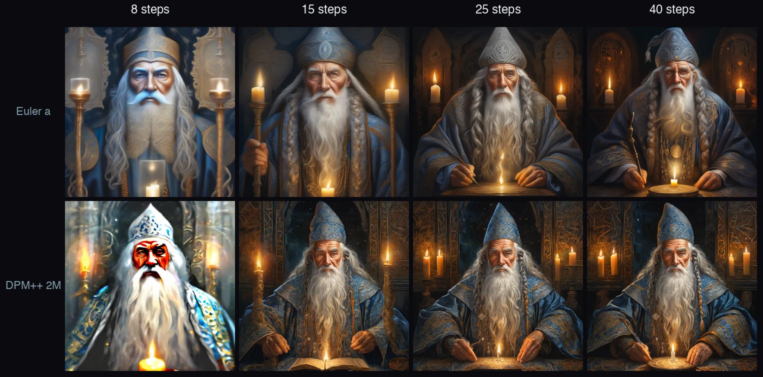 A grid: Euler a on top and DPM++ 2M on the bottom, each at 8, 15, 25, and 40 steps. Euler a produces a different image at every step count; DPM++ 2M is rough at 8 steps, then nearly identical from 15 to 40.