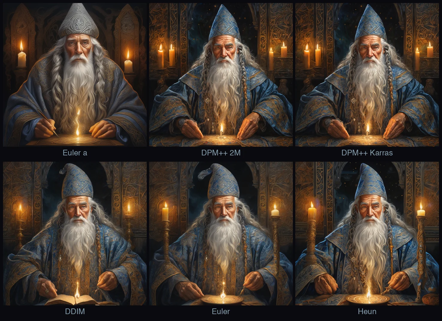 The same wizard portrait generated by six samplers (Euler a, DPM++ 2M, DPM++ Karras, DDIM, Euler, Heun) at the same prompt and seed. Five of them look nearly identical; Euler a shows a different composition.