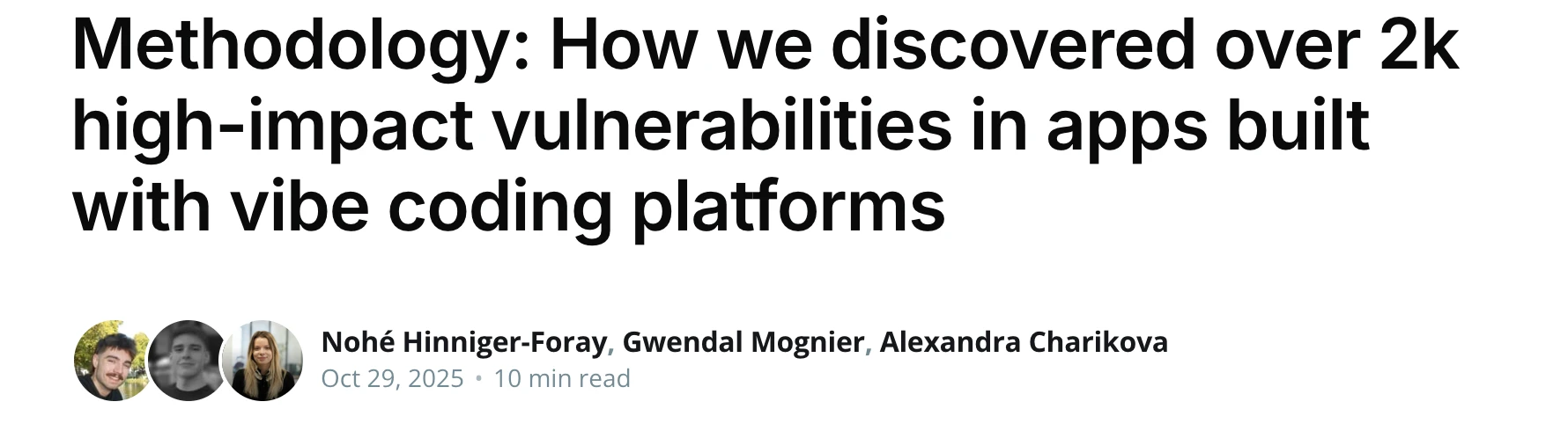 The top of Escape's published methodology: the research team's byline and the headline finding, over 2k high-impact vulnerabilities in apps built with vibe coding platforms