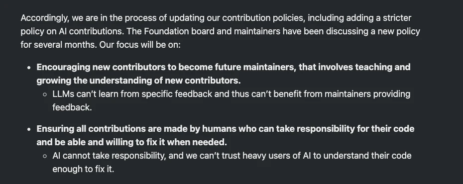 Screenshot of Godot's June 2026 contribution policy stating its focus: encouraging new contributors to become maintainers, and ensuring all contributions are made by humans who can take responsibility for their code, because AI cannot take responsibility