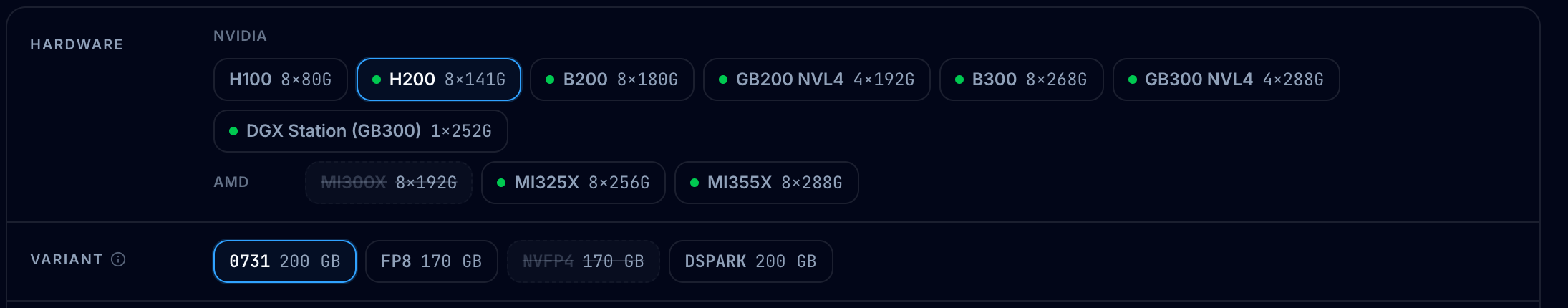 vLLM hosting guide for DeepSeek-V4-Flash: a hardware row listing eight-card servers from H100 through GB300 plus a single-card DGX Station at 252GB, and a variant row showing the July 31 build at 200 GB and a further-compressed build at 170 GB