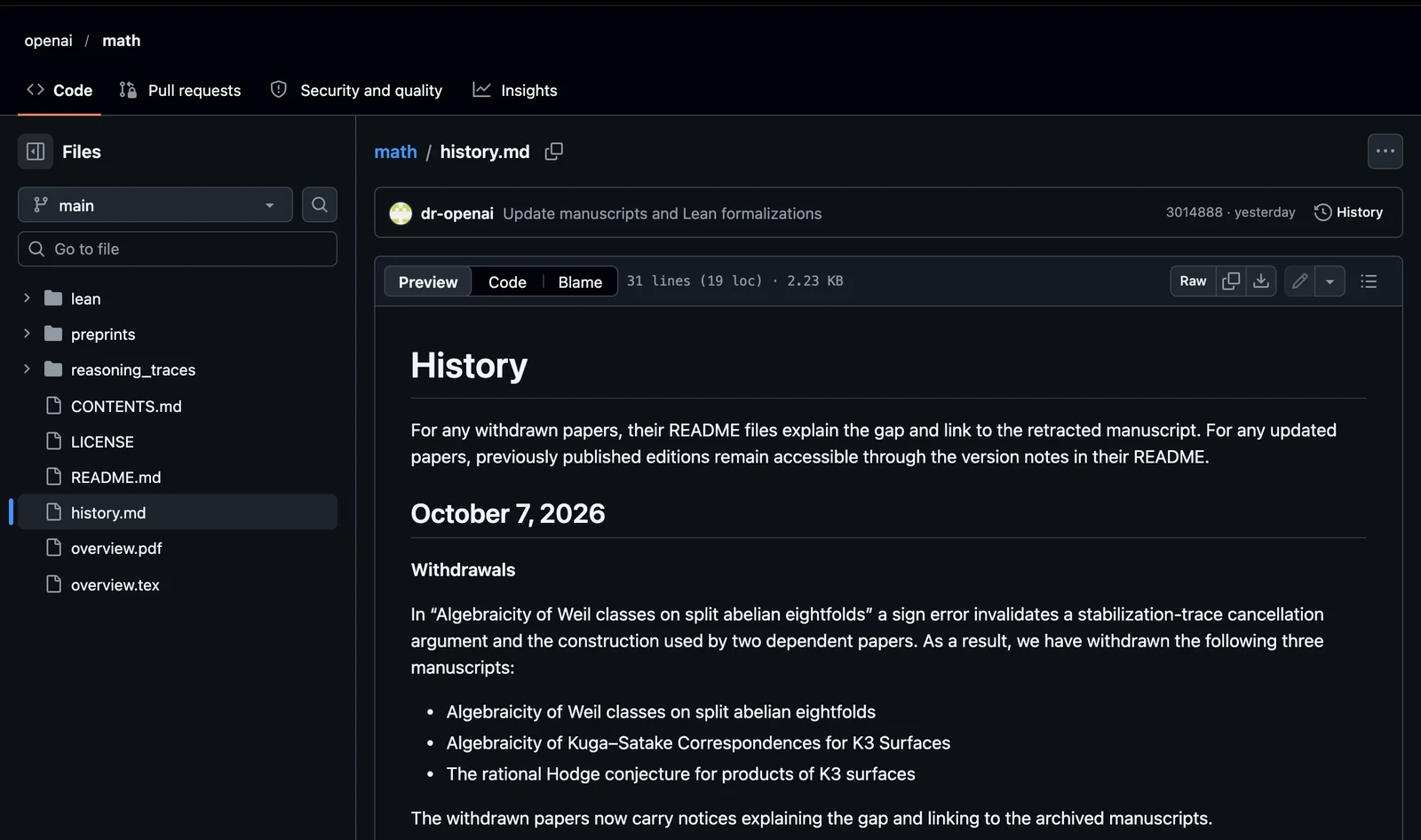 The history.md page of the openai/math GitHub repository, showing the October 7, 2026 entry: a sign error in one manuscript invalidated an argument used by two dependent papers, so three manuscripts were withdrawn, with notices linking to the archived versions.