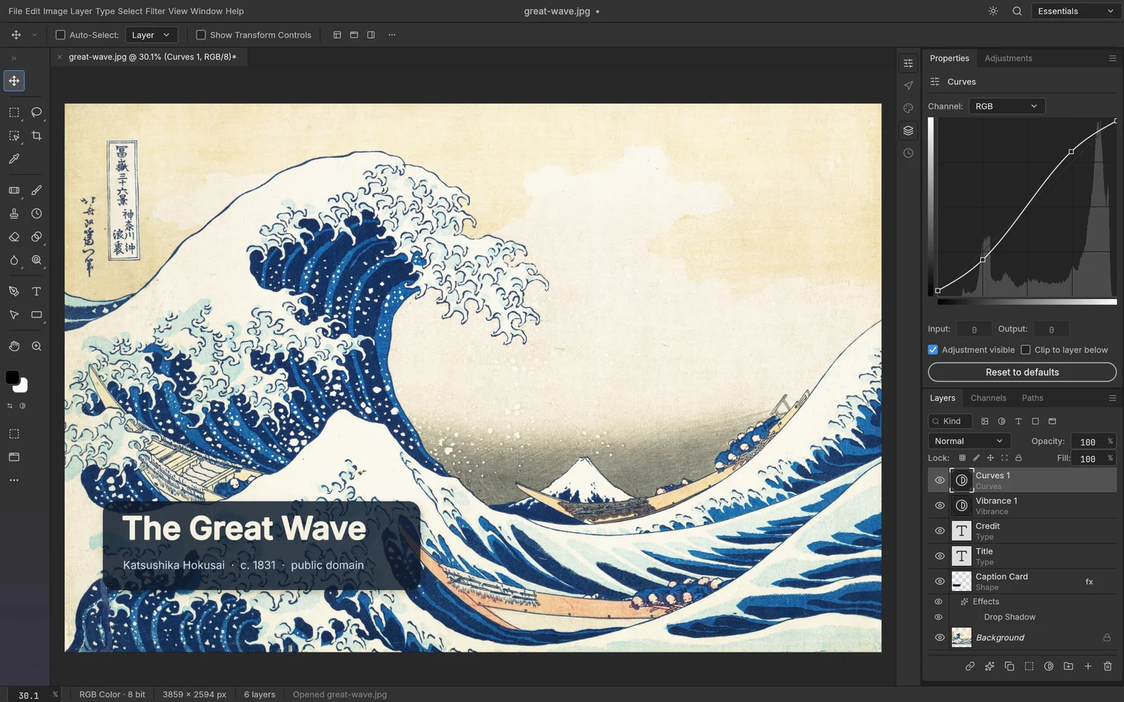 PhotoCraft, an open-source Photoshop clone, editing Hokusai's The Great Wave: a Curves adjustment panel with a histogram on the right, a Layers panel listing Curves, Vibrance, two type layers and a caption card with a drop shadow, and a dark toolbar down the left side