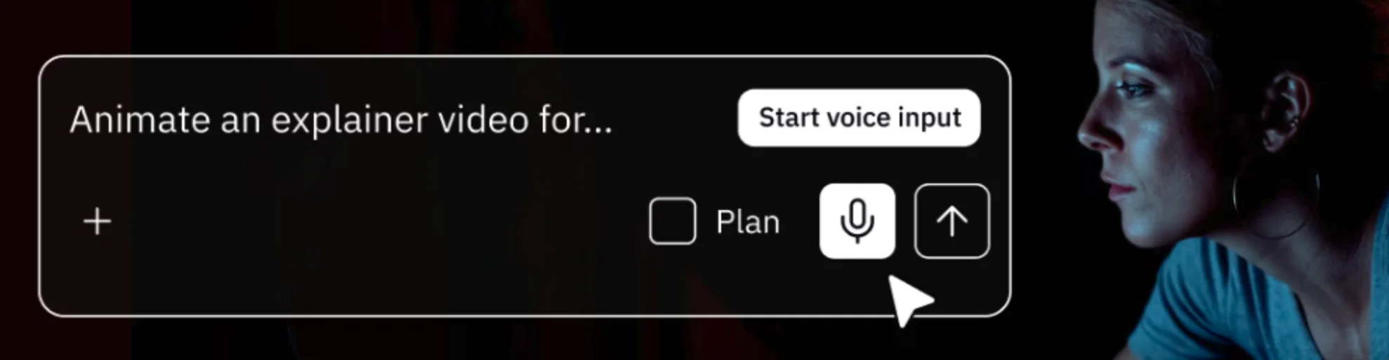 An AI chat interface showing a text prompt, a 'Start voice input' button, and a microphone icon, beside a person looking at the screen.
