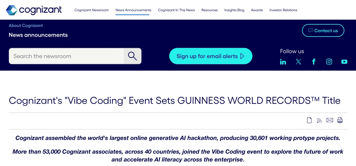 Cognizant's August 2025 press release headline announcing its vibe coding event set a Guinness World Records title, with a subhead citing 30,601 working prototype projects and more than 53,000 associates across 40 countries