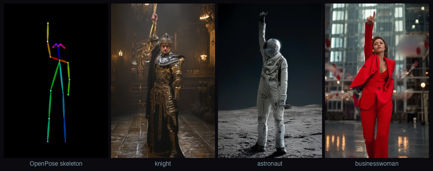 An OpenPose skeleton in a raised-arm pose, then three ControlNet outputs in that identical pose: a knight with one arm raised holding a staff, an astronaut with one arm up, and a businesswoman in red with one arm up.