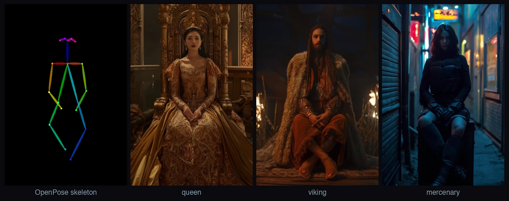 A seated OpenPose skeleton, then three ControlNet outputs in that same seated pose: a queen on a golden throne, a viking by a fire, and a cyberpunk mercenary in a neon alley, each seated with hands resting low.