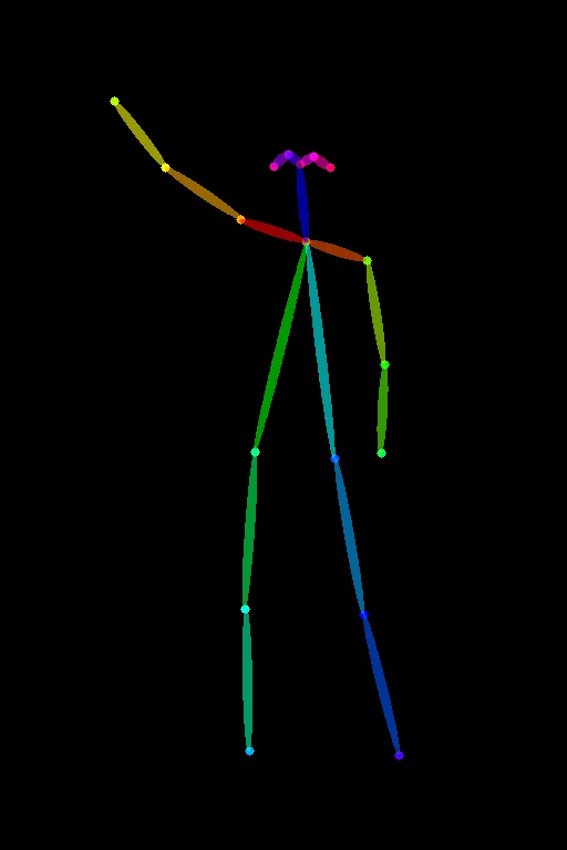 A single OpenPose skeleton: colored limb bones and keypoint dots for head, shoulders, elbows, wrists, hips, knees, and ankles, on a black background.