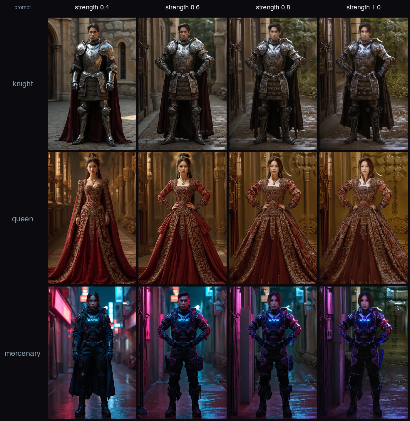 A grid with knight, queen, and cyberpunk mercenary rows, each generated at control weight 0.4, 0.6, 0.8, and 1.0. At 0.4 the arms fall to the sides; from 0.6 onward every character holds the hands-on-hips pose, with color deepening as the weight climbs.