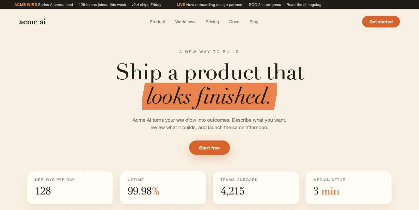 A hand-built mockup of a generic AI-designed startup landing page: cream background, a thin news-ticker bar, a large italic serif headline with an orange highlight reading 'looks finished', an orange button, and a row of rounded stat cards for a fictional brand, Acme AI