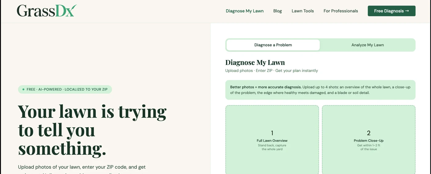 Screenshot of grassdx.com, an AI lawn-diagnosis app: a cream page with a large dark-green serif headline reading 'Your lawn is trying to tell you something' and mint-green rounded cards