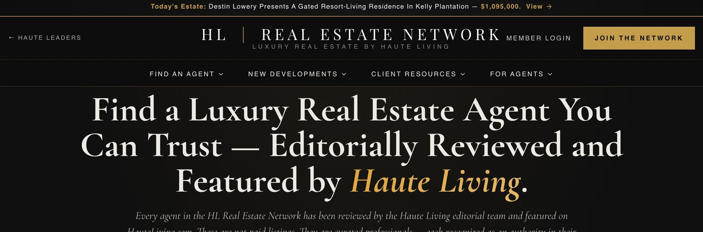 Screenshot of hauteliving.com, a luxury real-estate directory: a near-black page with a news-ticker bar and a large italic serif headline reading 'Find a Luxury Real Estate Agent You Can Trust', with a gold accent