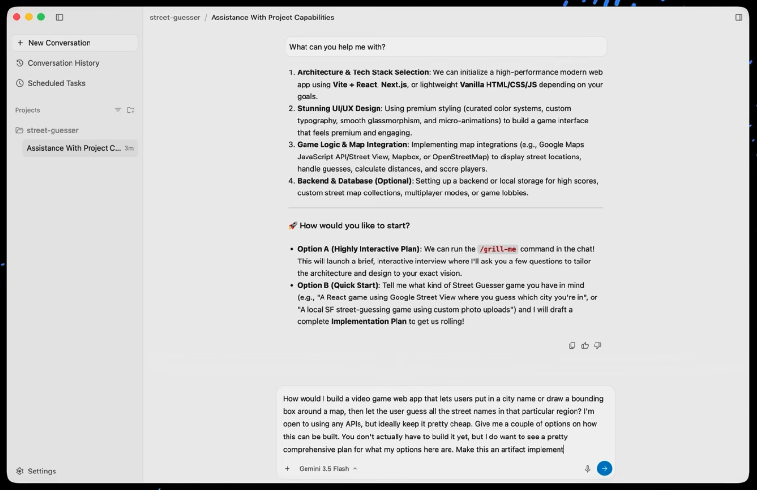 Screenshot of Google Antigravity 2.0, a chat-style AI desktop app with a sidebar of past conversations, a centered response pane showing an AI-generated coding plan, and a text input at the bottom